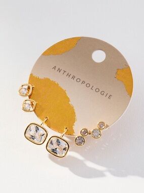 Free Ship! Anthropologie 14K Gold Plated Crystal Earrings Set NWT